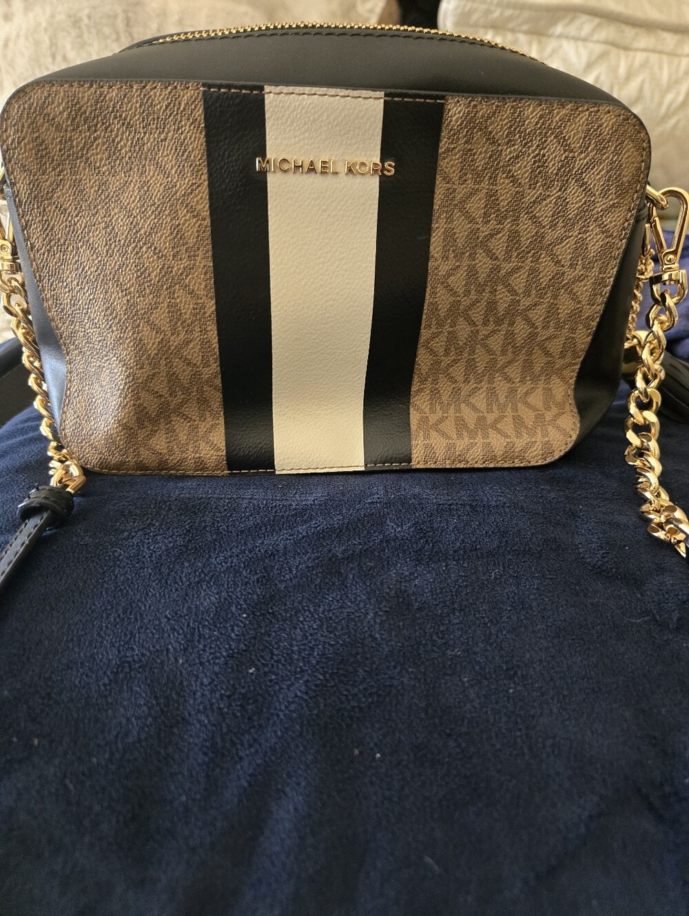 Michael Kors Brown Logo Crossbody with Black and Cream Center Stripe - Picture 6 of 7